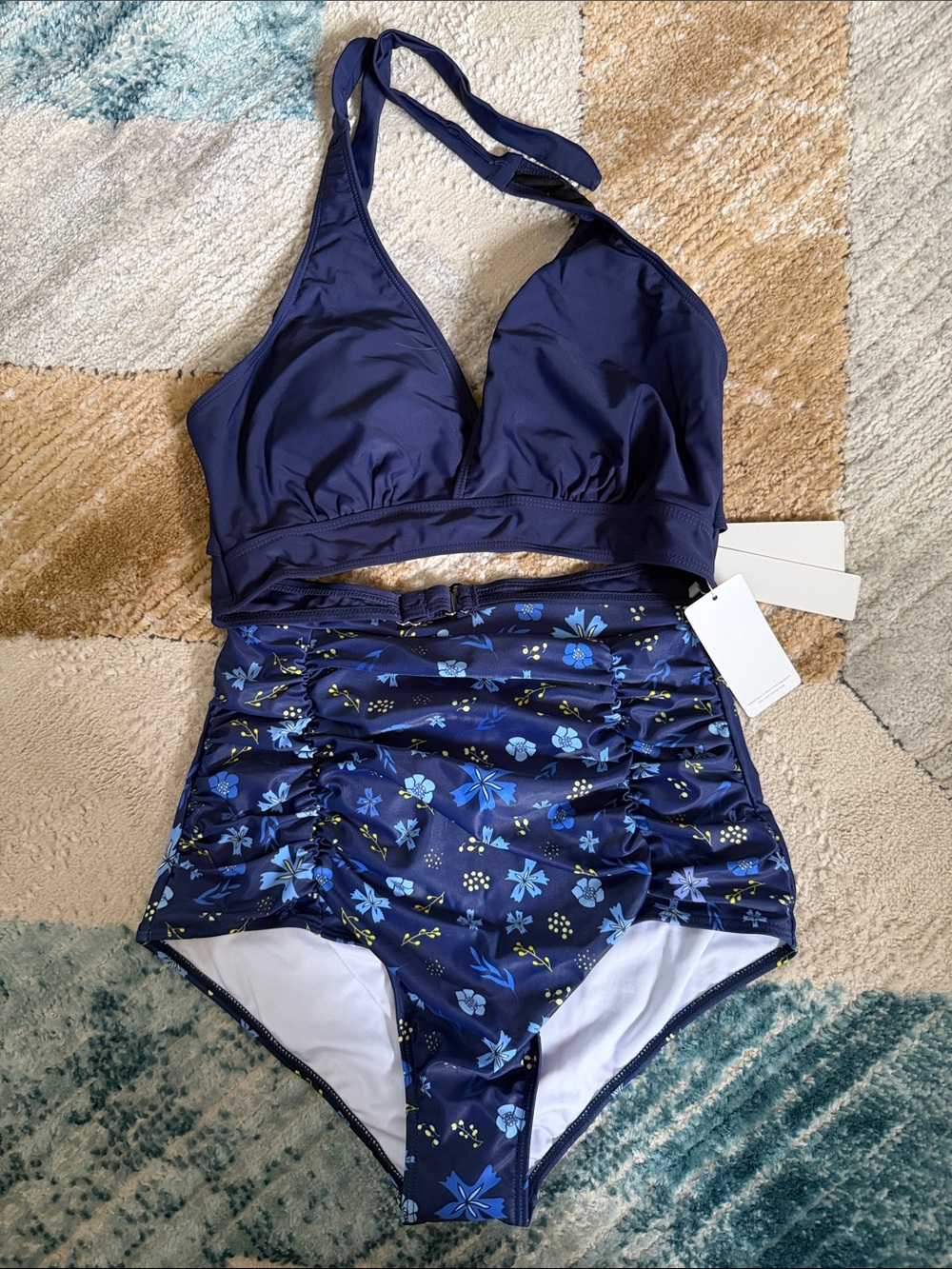 Navy Floral Two-Piece Swim Set - Blue Floral High-Waist Bottoms